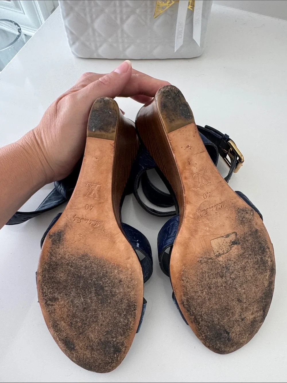 Louis Vuitton Navy Embossed Monogram Wedge Sandals